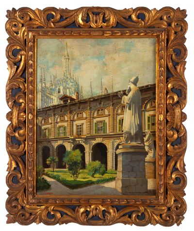 Landini, Cortile della Canonica con scorcio del Duomo, olio su tavola