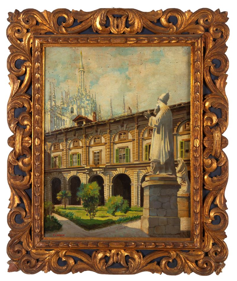 Landini, Cortile della Canonica con scorcio del Duomo, olio su tavola