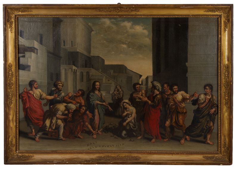 Scuola Francese di fine XVII - inizio XVIII secolo, Cristo e l'adultera, olio su tela