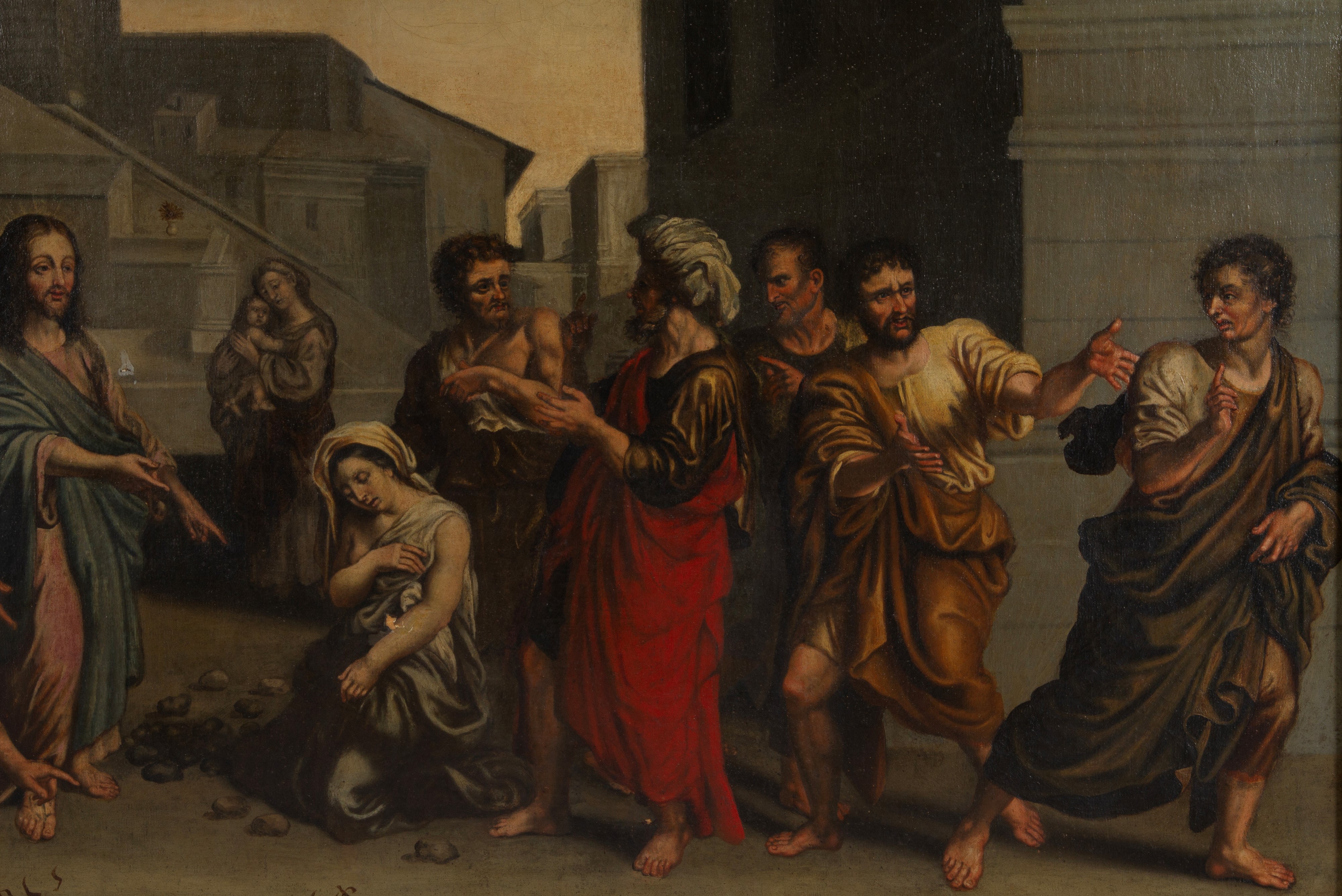 Scuola Francese di fine XVII - inizio XVIII secolo, Cristo e l'adultera, olio su tela