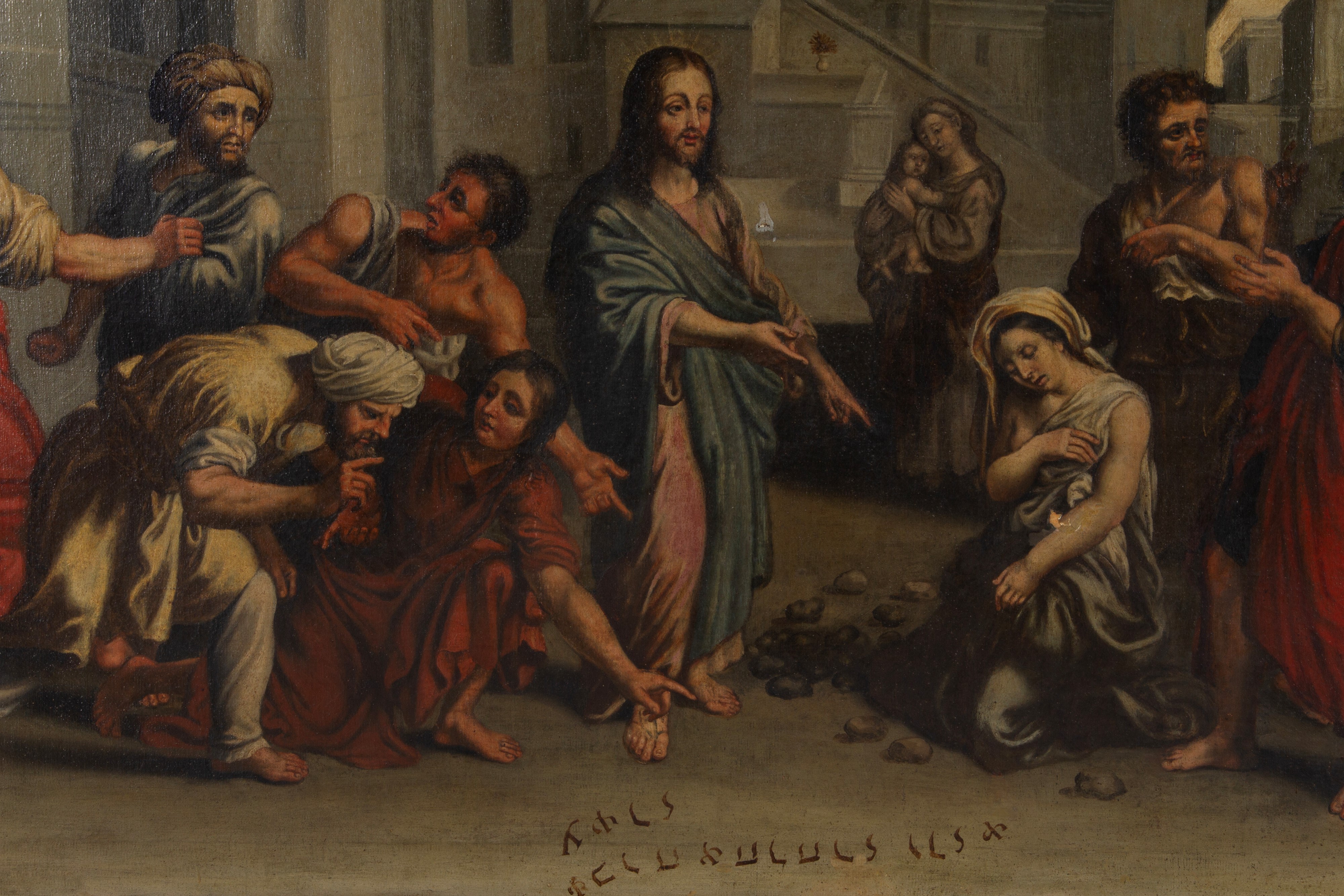 Scuola Francese di fine XVII - inizio XVIII secolo, Cristo e l'adultera, olio su tela