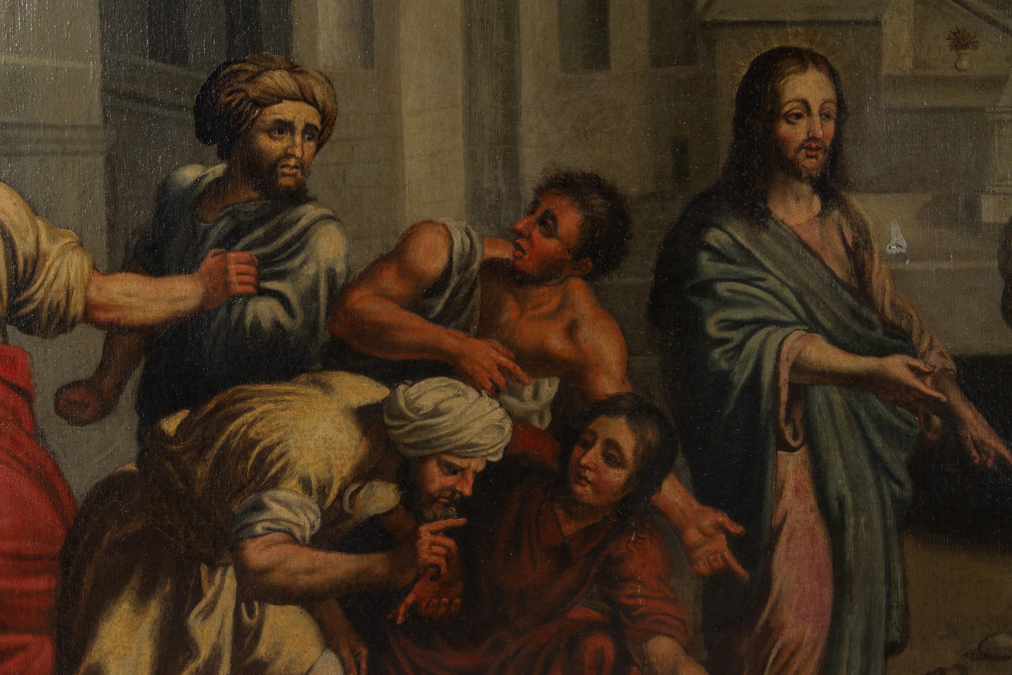Scuola Francese di fine XVII - inizio XVIII secolo, Cristo e l'adultera, olio su tela