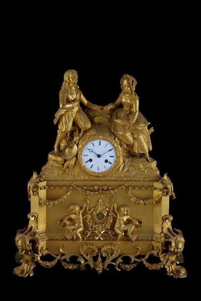 Orologio in bronzo dorato, 'Scena Galante', XIX secolo