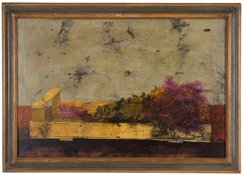 Piero Mosti - Cassetta e fiori freschi, olio su tela