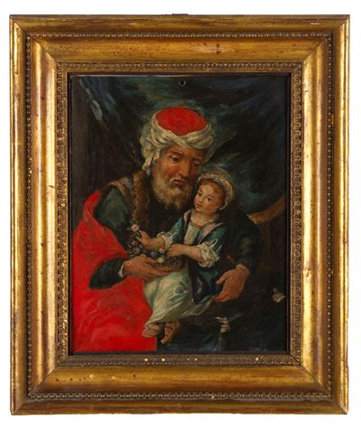 Autore ignoto, Scena familiare, olio su ardesia