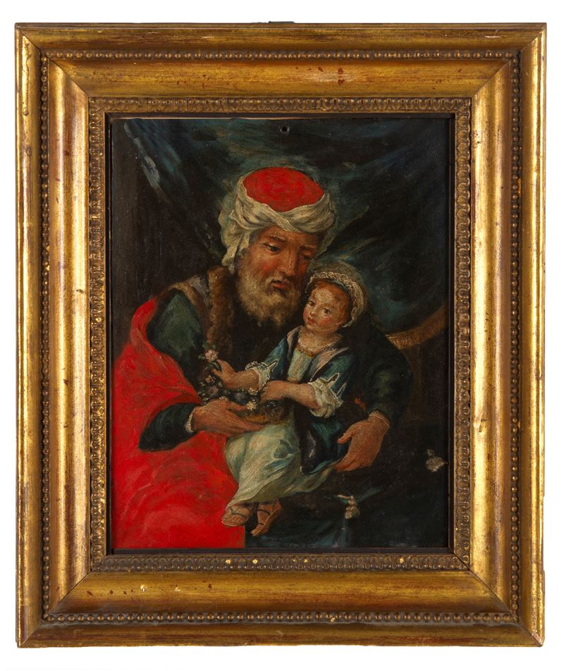 Autore ignoto, Scena familiare, olio su ardesia