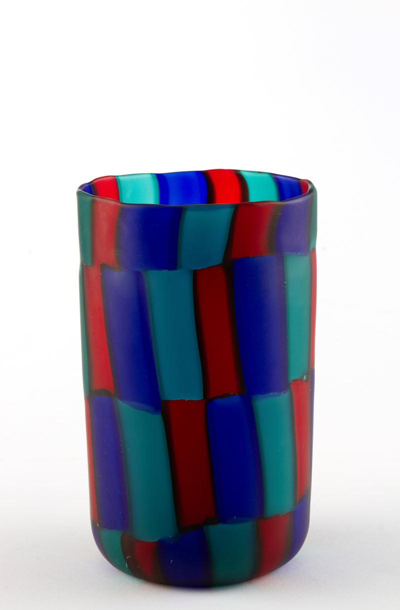 Vittorio Ferro - Vaso in vetro pezzato opaco rosso, blu e azzurro