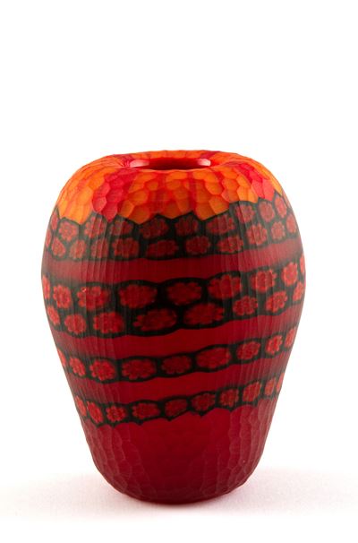 Vaso in vetro di Murano sfaccettato, rosso e arancio