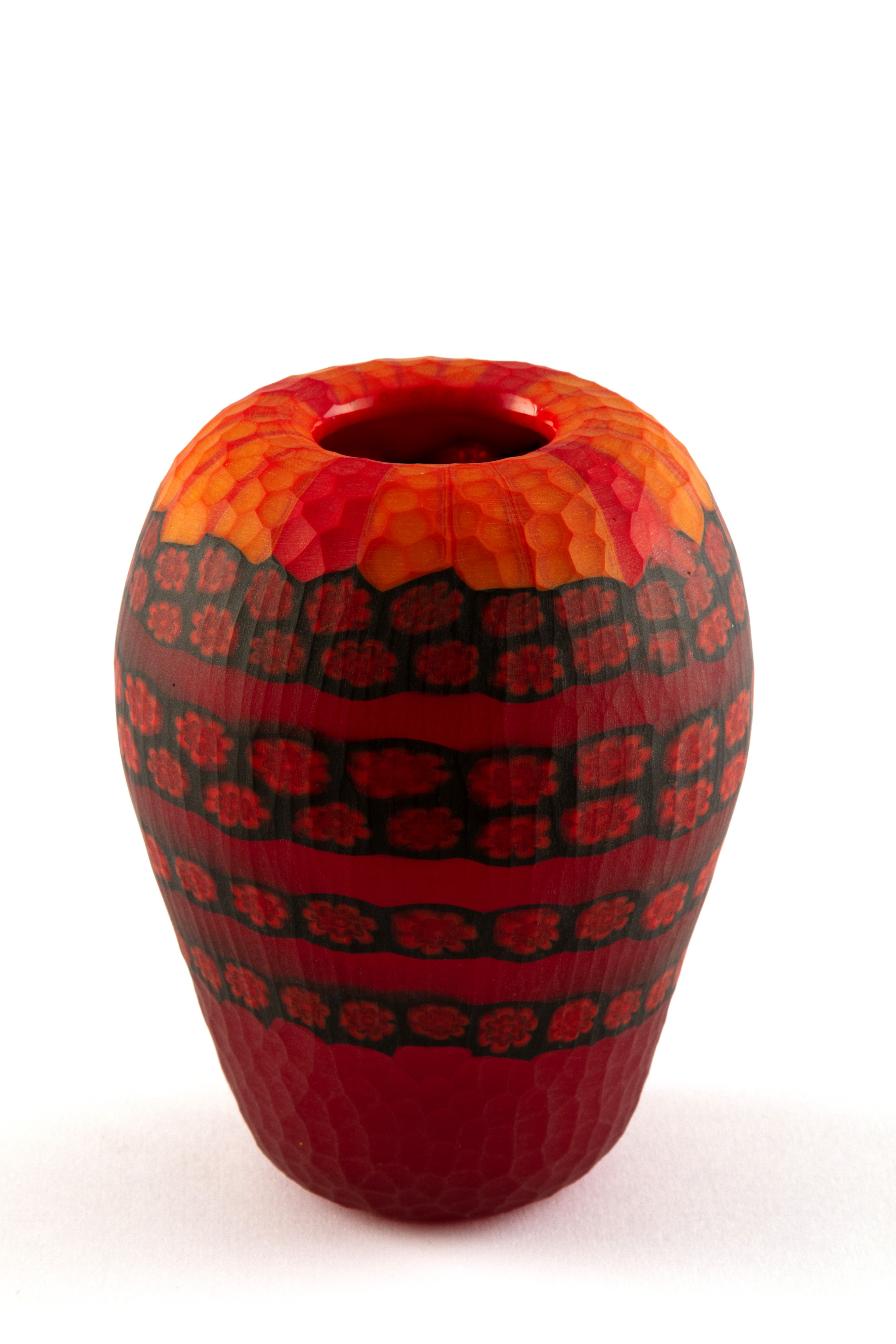 Vittorio Ferro - Vaso in vetro di Murano sfaccettato, rosso e arancio