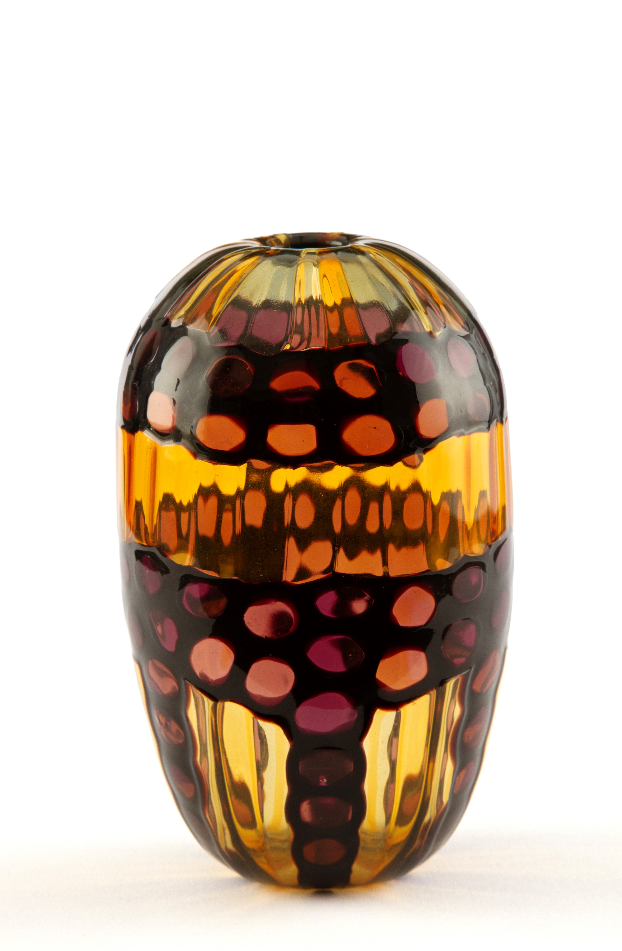 Vittorio Ferro - Vaso in vetro soffiato giallo con decorazioni in vinaccia e nero
