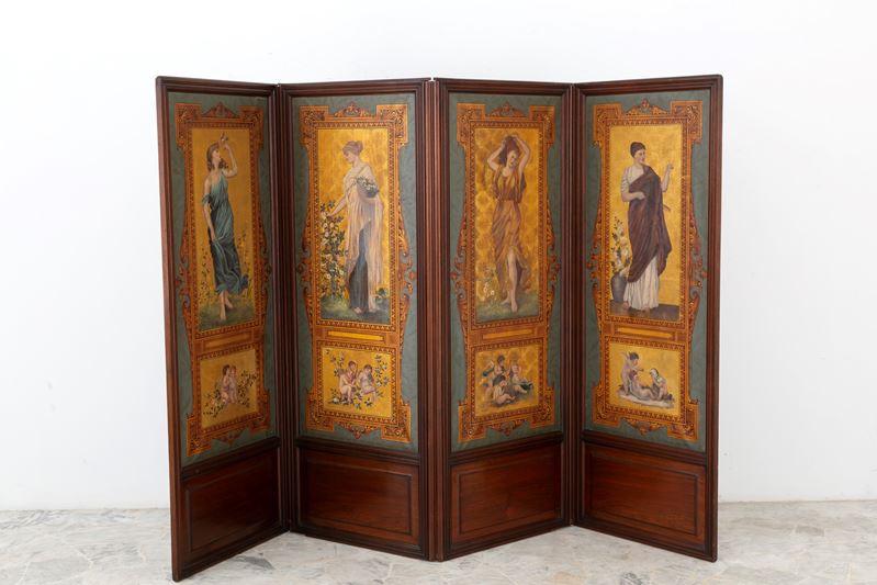 Paravento Liberty, a quattro ante in legno dipinto