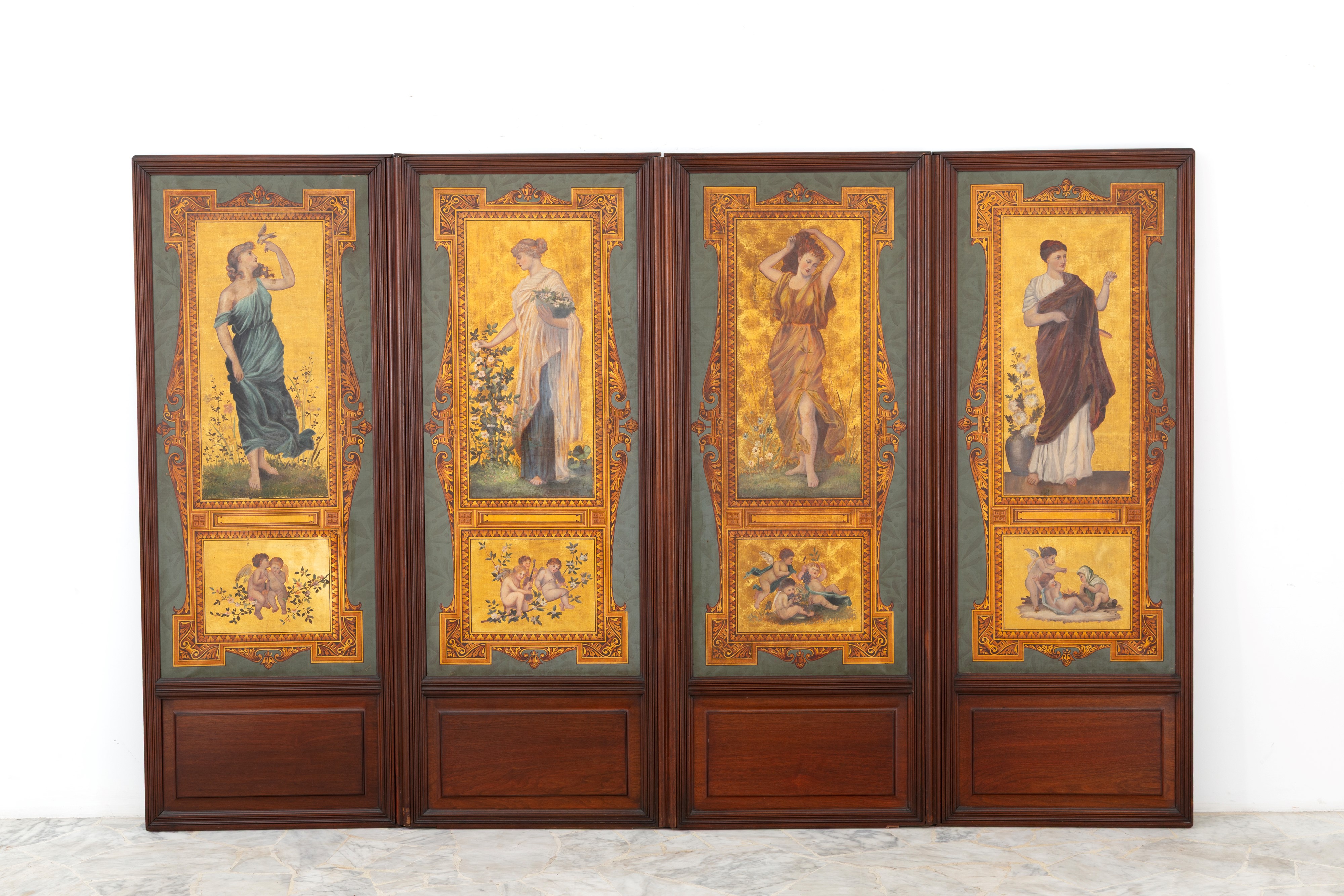 Paravento Liberty, a quattro ante in legno dipinto
