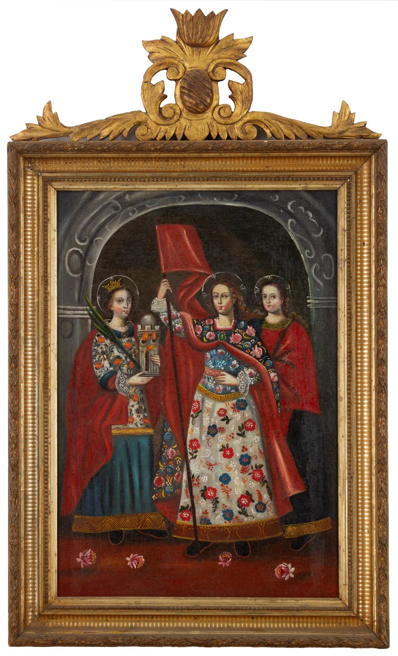 Scuola di Cuzco, Santa, Sant'Orsola e Santa Barbara, olio su tela