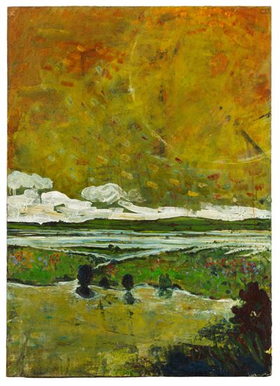 SUN DOGS OVER FLOODED VALLEY, olio su tela applicata su tavola