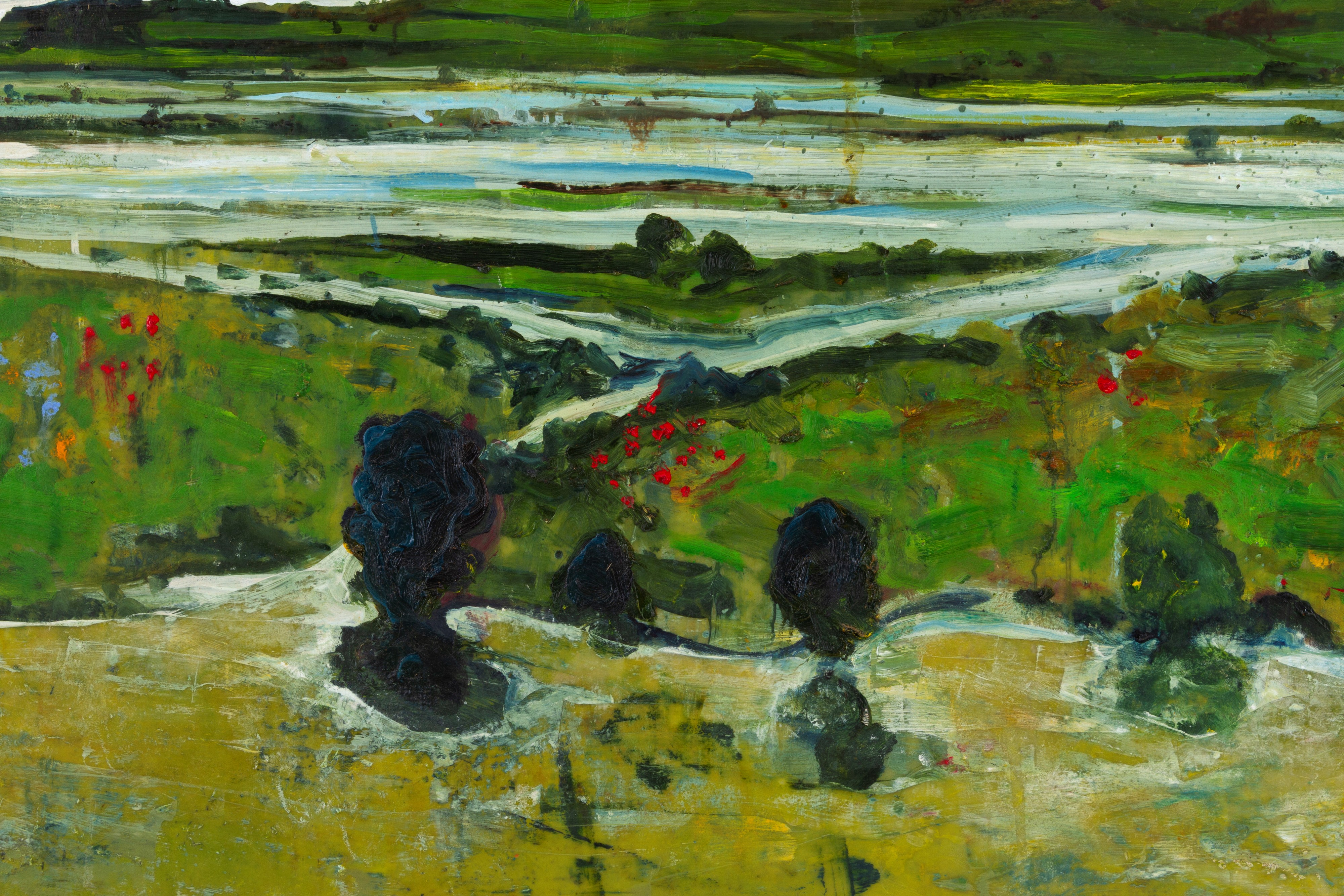 Adam Wood Steve Lowe Harry Adams - SUN DOGS OVER FLOODED VALLEY, olio su tela applicata su tavola