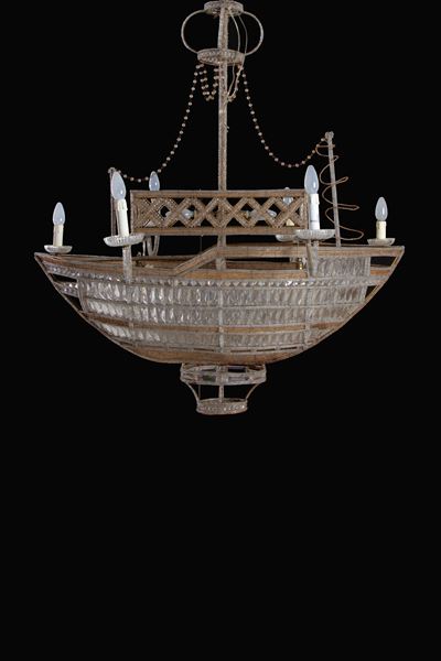 Lampadario a dieci luci, forma di barca, ottone e vetro di Murano