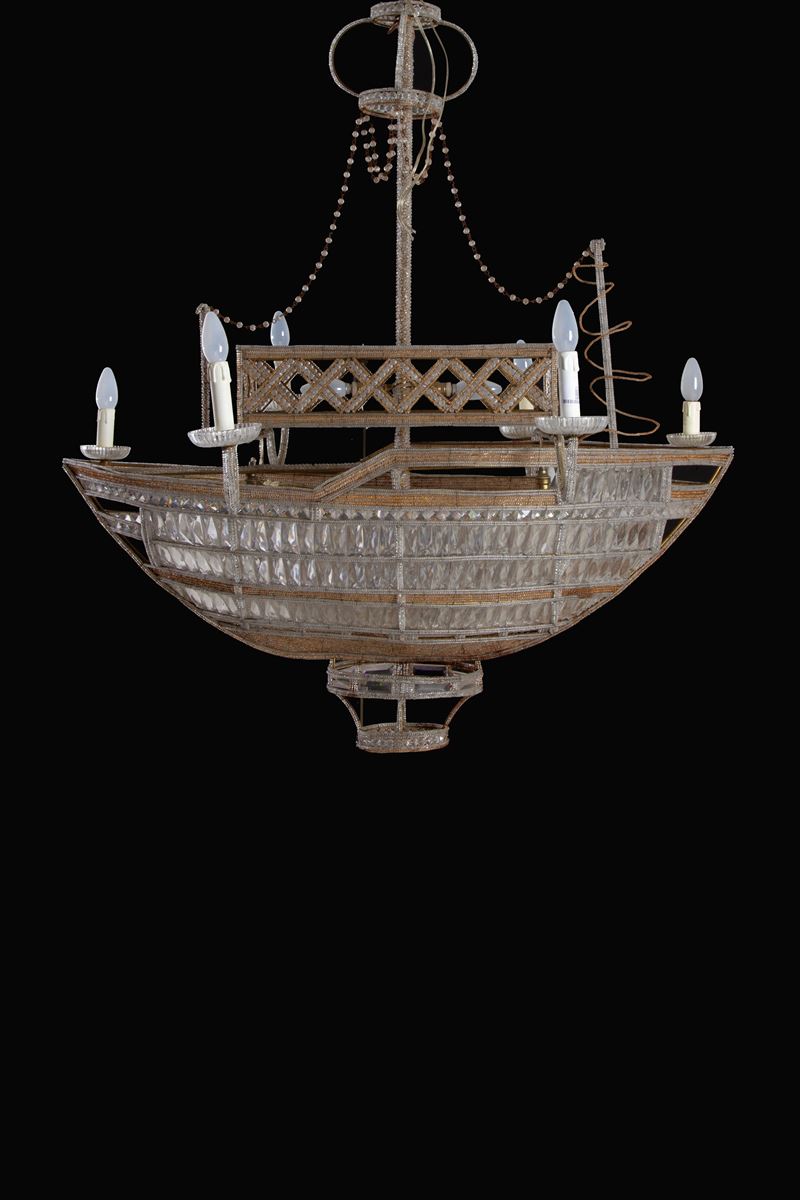 Lampadario a dieci luci, forma di barca, ottone e vetro di Murano