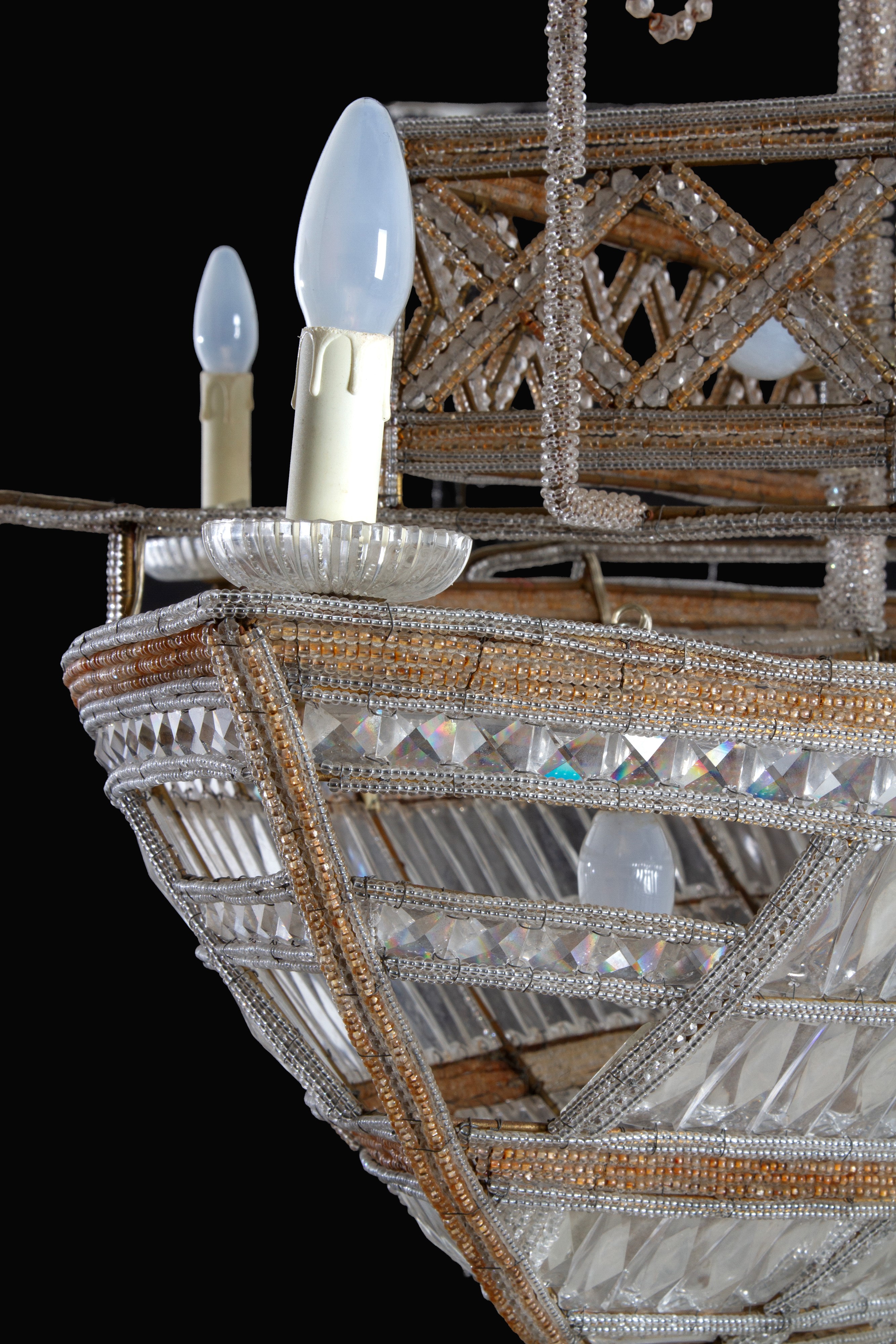 Lampadario a dieci luci, forma di barca, ottone e vetro di Murano
