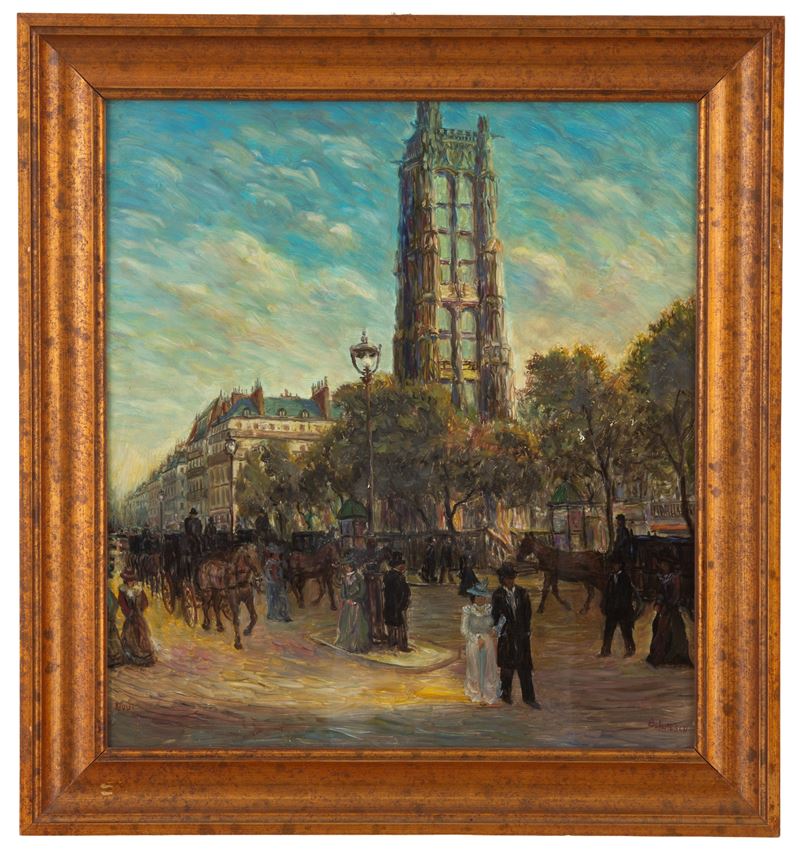Michel Balanescu - Veduta di Parigi (Rivoli), olio su cartone