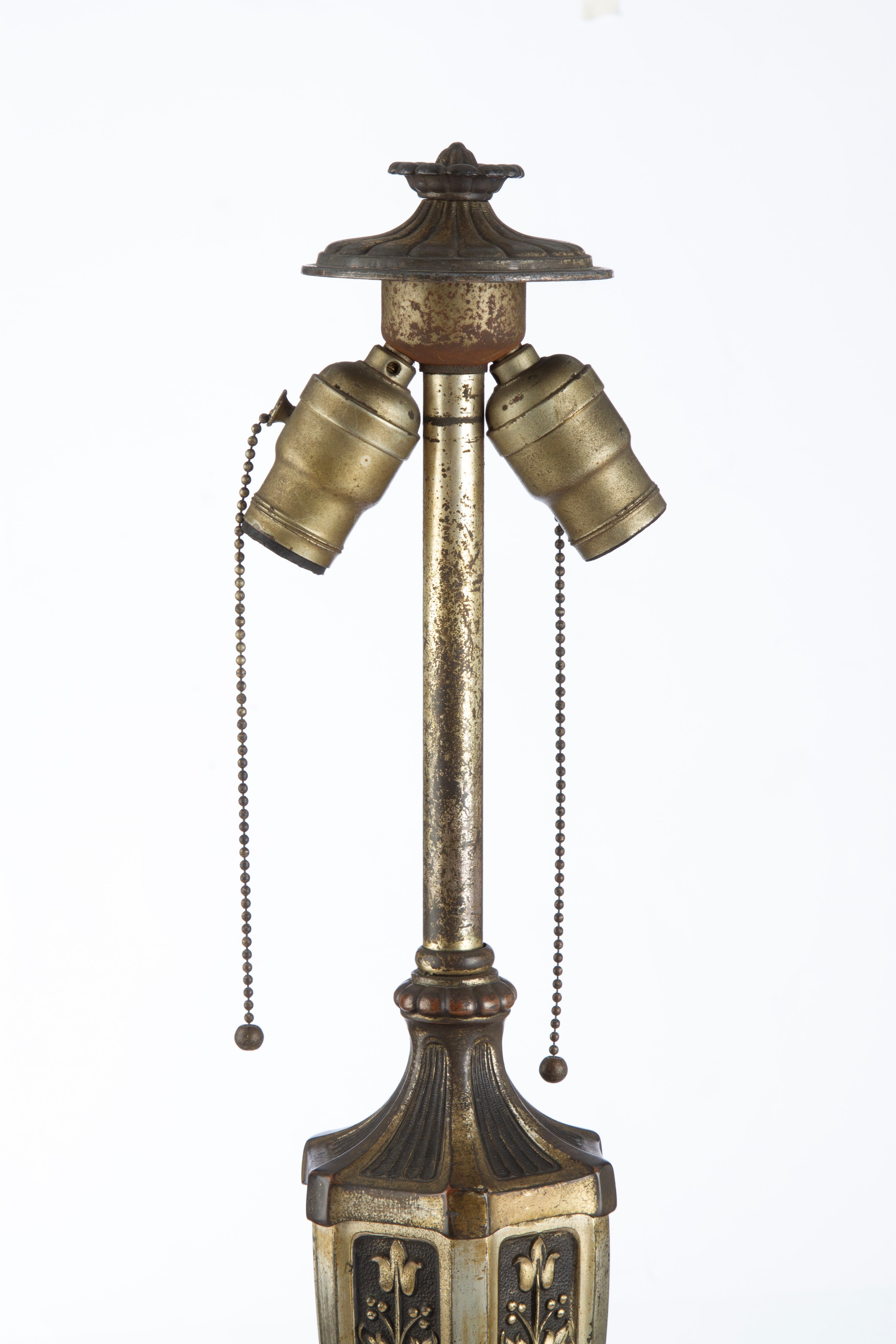 Lampada da tavolo Liberty, vetro calcedonio e metallo patinato