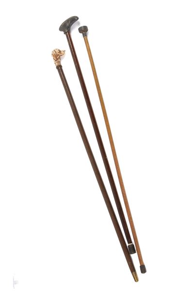 Tre bastoni in legno con impugnature variate, XX secolo