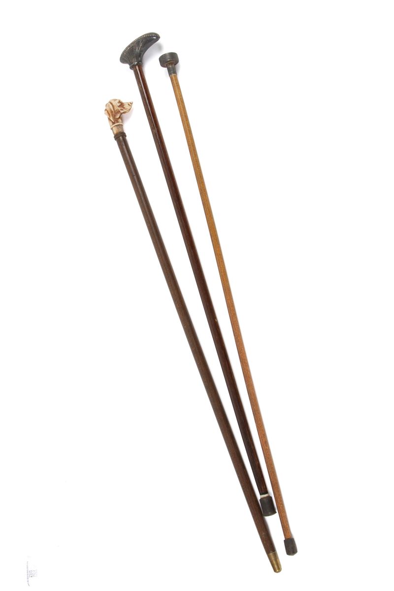Tre bastoni in legno con impugnature variate, XX secolo