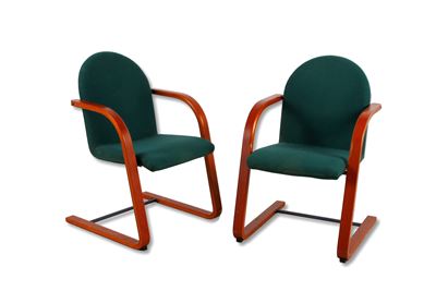 Coppia di poltrone, legno con rivestimento in stoffa verde, anni '80-'90