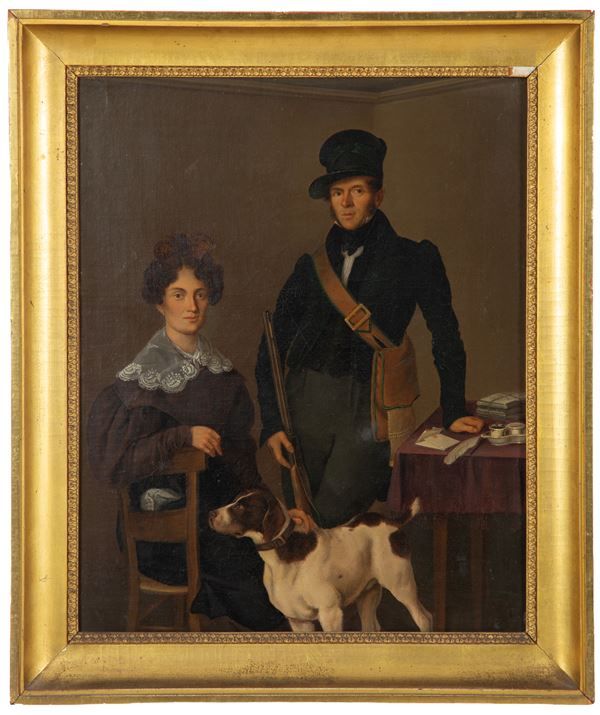 Painting "INDOOR SCENE WITH A GENTLEWOMAN, HUNTER, AND DOG"