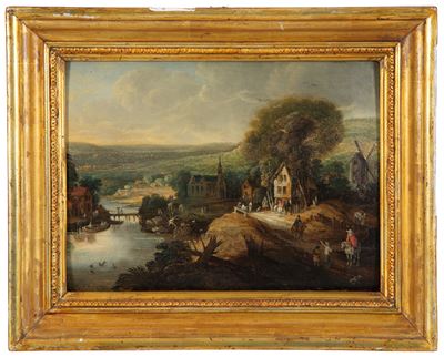Dipinto "paesaggio Fluviale con Scene di Vita"