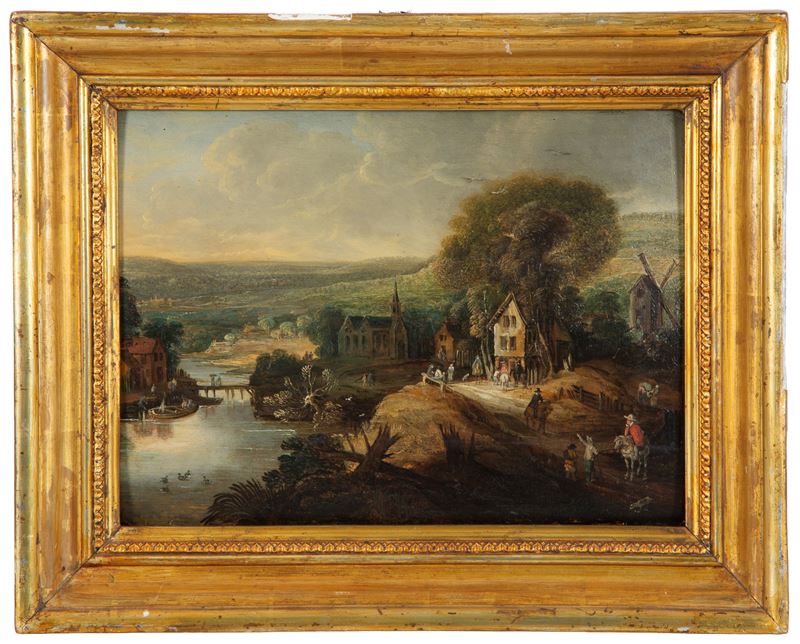 Dipinto "paesaggio Fluviale con Scene di Vita"