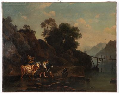 Autore sconosciuto, Paesaggio fluviale con pastorelli, olio su tela