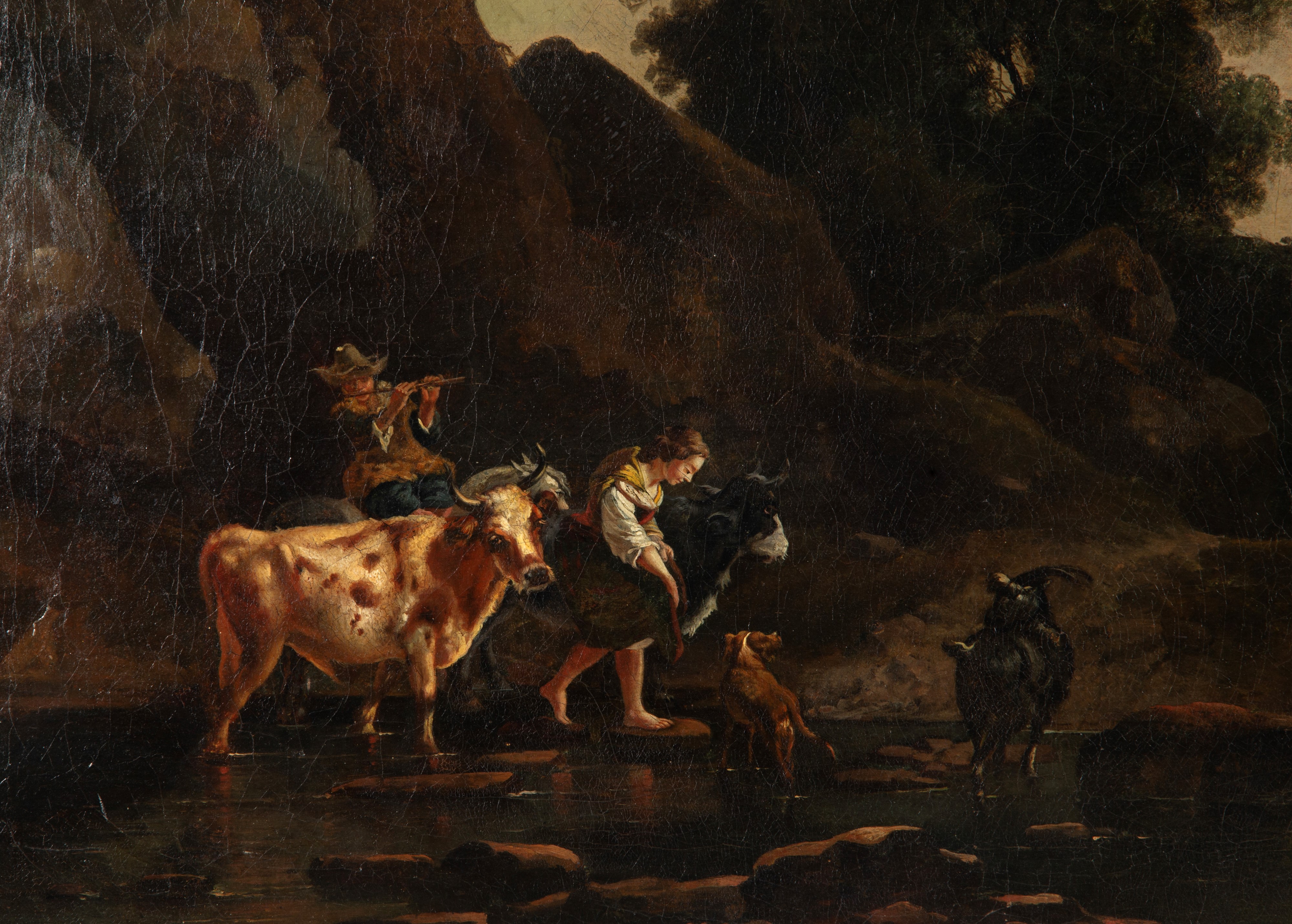 Autore sconosciuto, Paesaggio fluviale con pastorelli, olio su tela