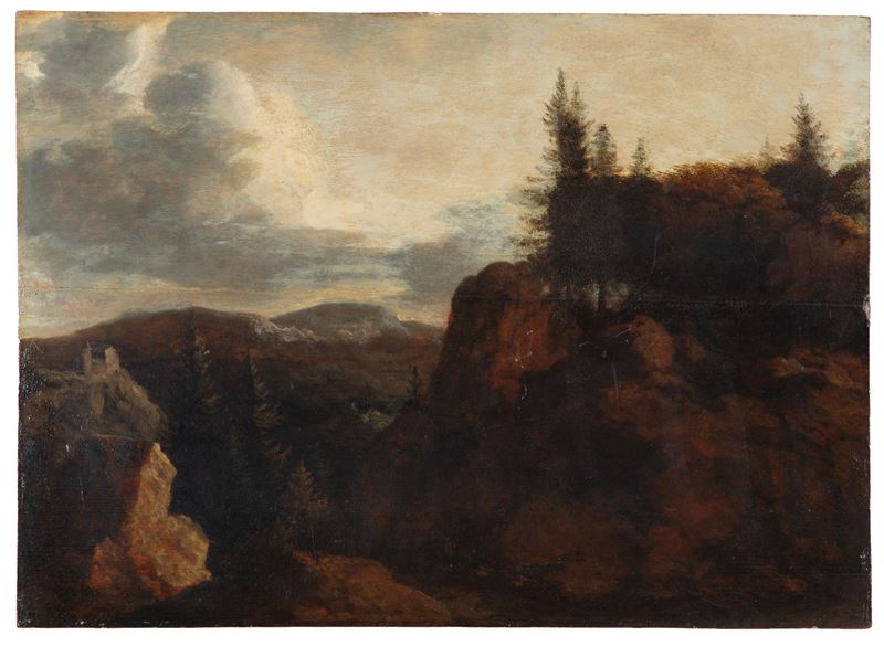 Dipinto, Paesaggio montano, olio su tavola, XIX secolo