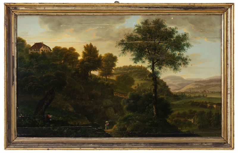 Scuola fiamminga del XVII secolo, Paesaggio montano con personaggi e armenti, olio su tavola