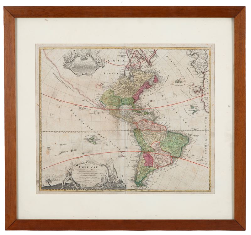Johann Baptist Homann - Carta geografica dell'America - Acquerello su supporto cartaceo