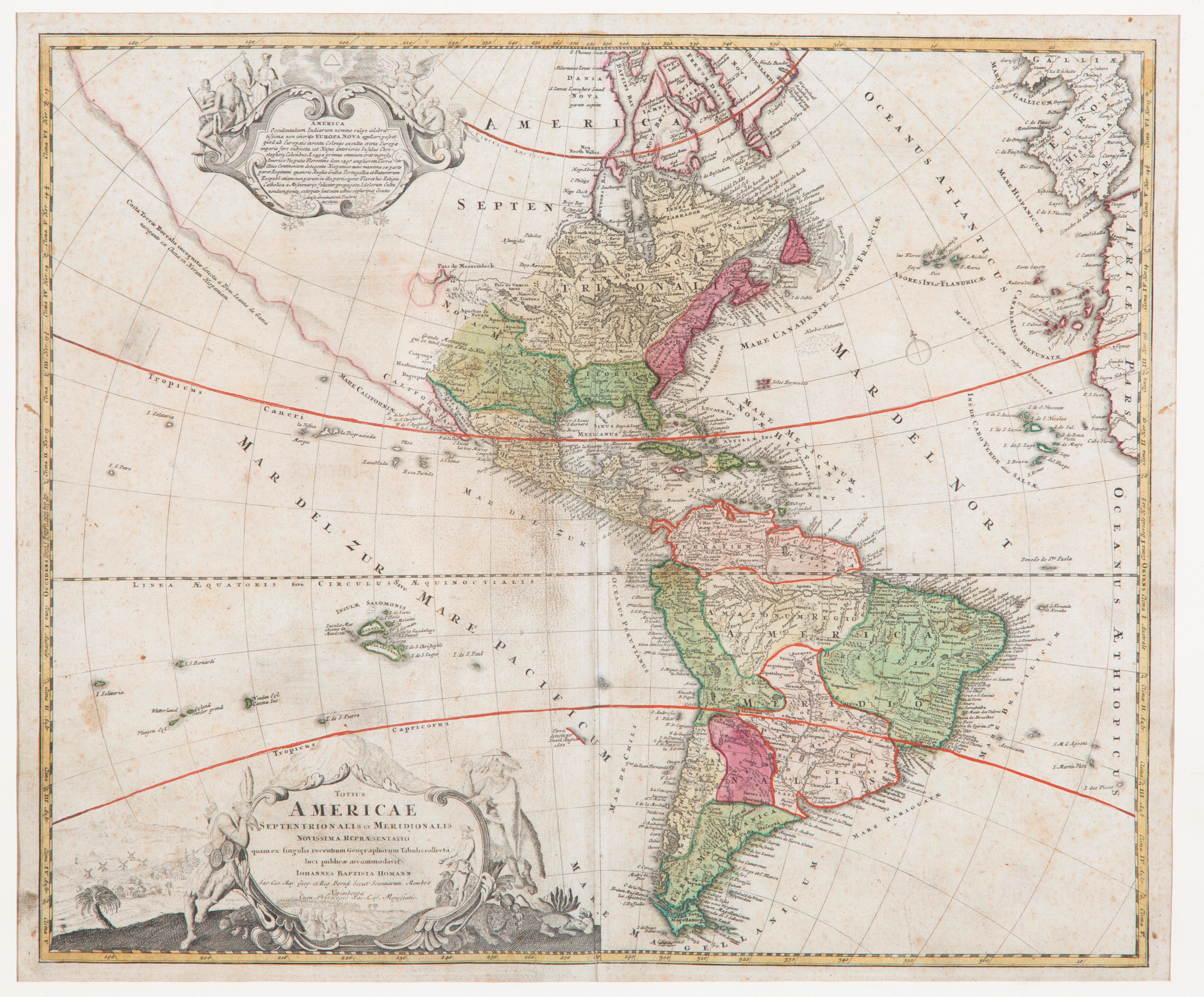 Johann Baptist Homann - Carta geografica dell'America - Acquerello su supporto cartaceo