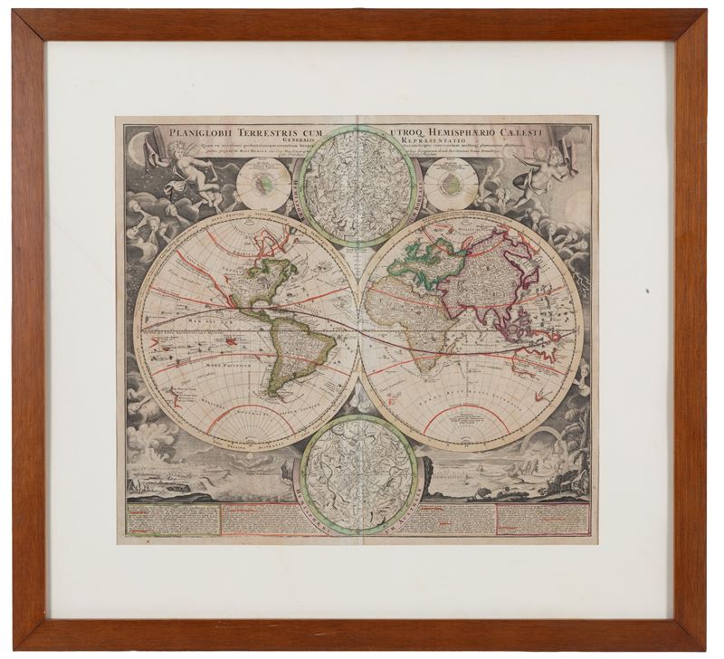 Johann Baptist Homann - Globo terracqueo e planisfero celeste, carta geografica acquarellata