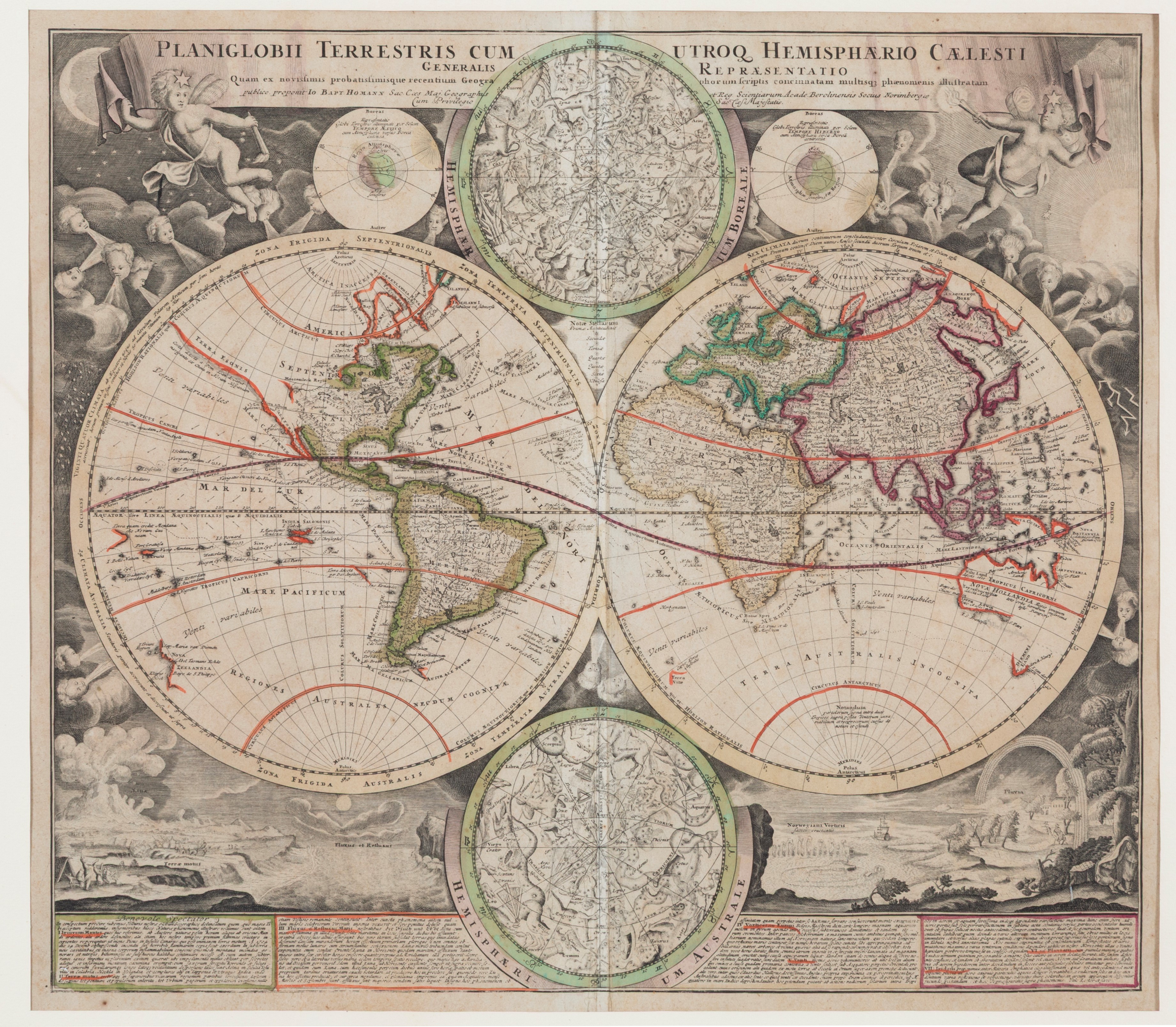 Johann Baptist Homann - Globo terracqueo e planisfero celeste, carta geografica acquarellata