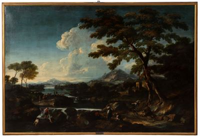 Paesaggio fluviale con scene di vita, olio su tela