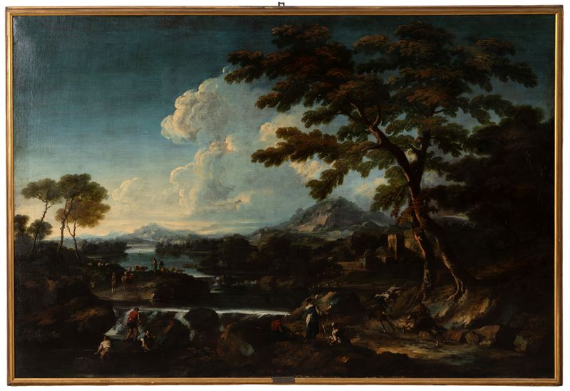 Marco Ricci - Paesaggio fluviale con scene di vita, olio su tela