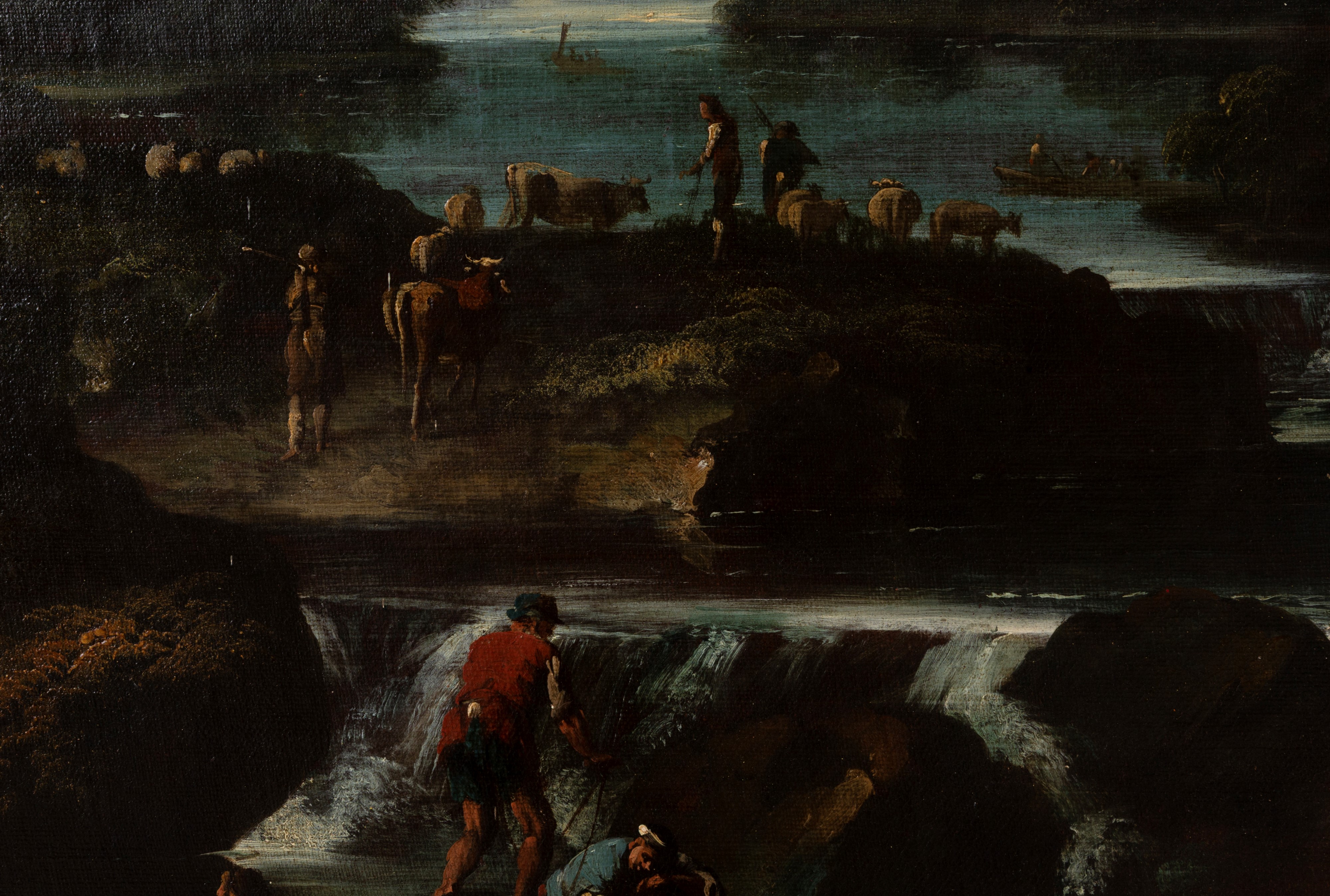 Marco Ricci - Paesaggio fluviale con scene di vita, olio su tela