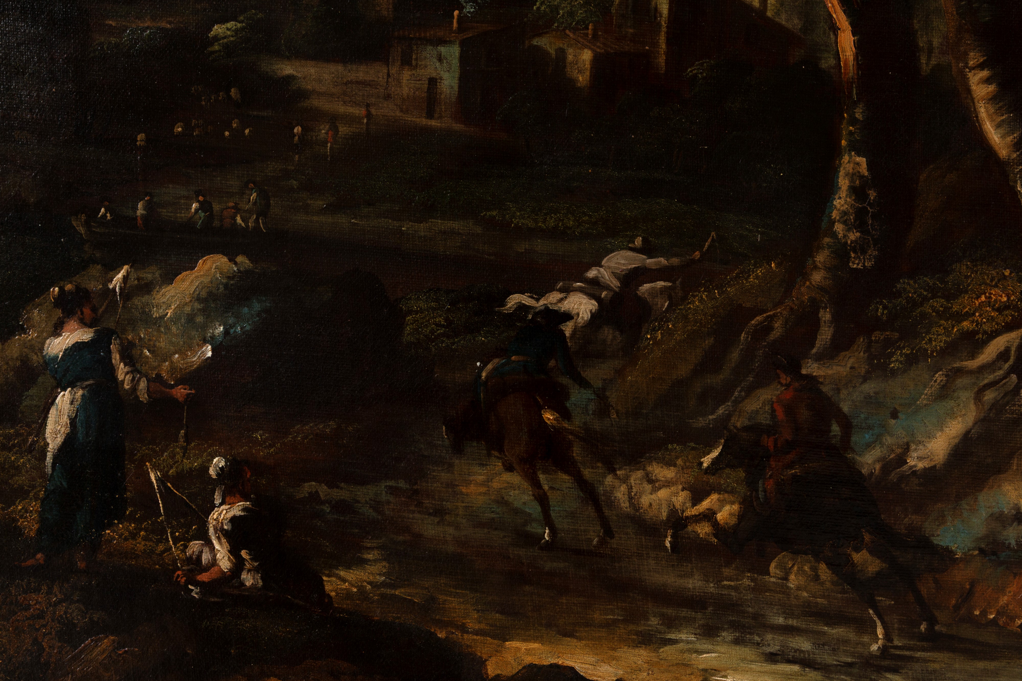 Marco Ricci - Paesaggio fluviale con scene di vita, olio su tela