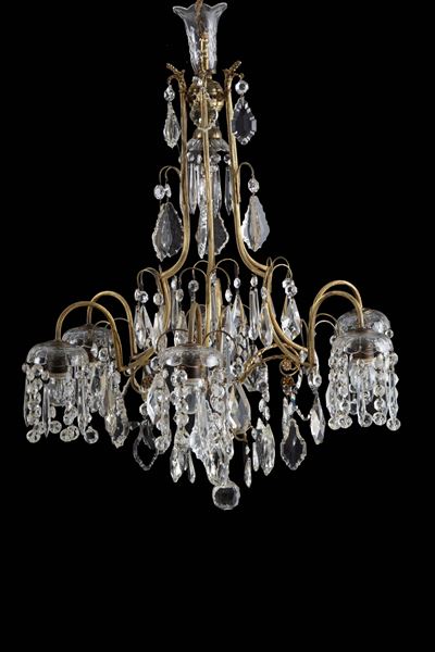 Lampadario sette luci in bronzo e vetro, XIX secolo