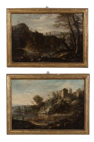 Paesaggi fluviali con pescatori, olio su tela, 63x92 cm ca.