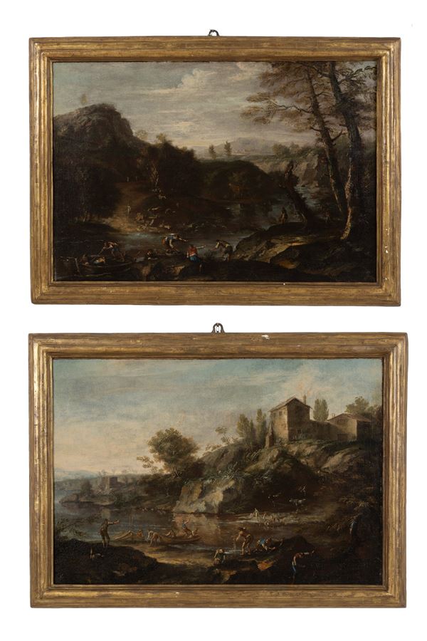 BARTOLOMEO PEDON - Pair of paintings "RIVER LANDSCAPES WITH FISHERMEN"