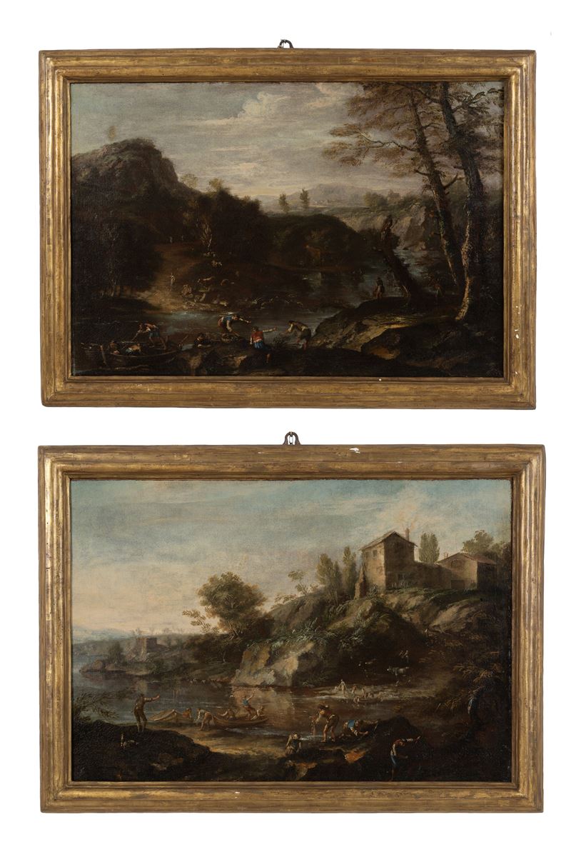 Bartolomeo Pedon - Paesaggi fluviali con pescatori, olio su tela, 63x92 cm ca.