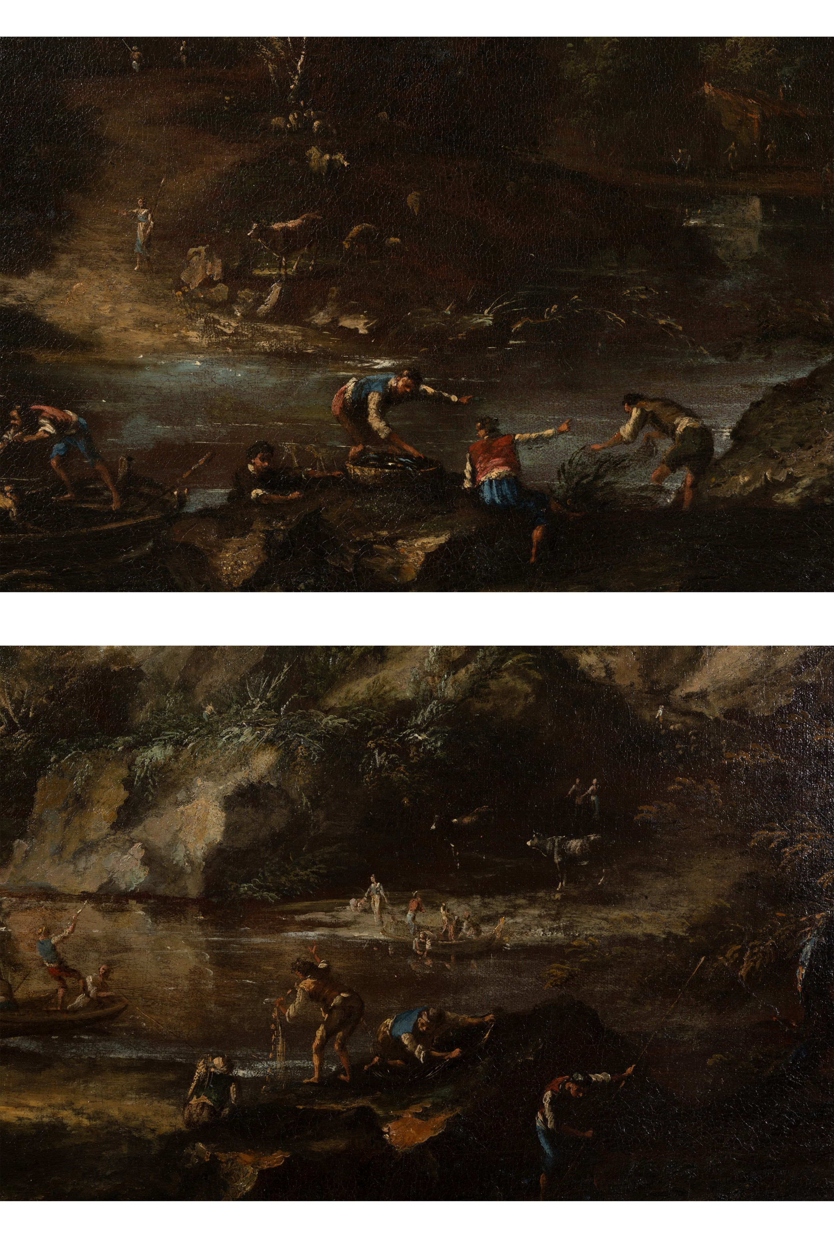 Bartolomeo Pedon - Paesaggi fluviali con pescatori, olio su tela, 63x92 cm ca.