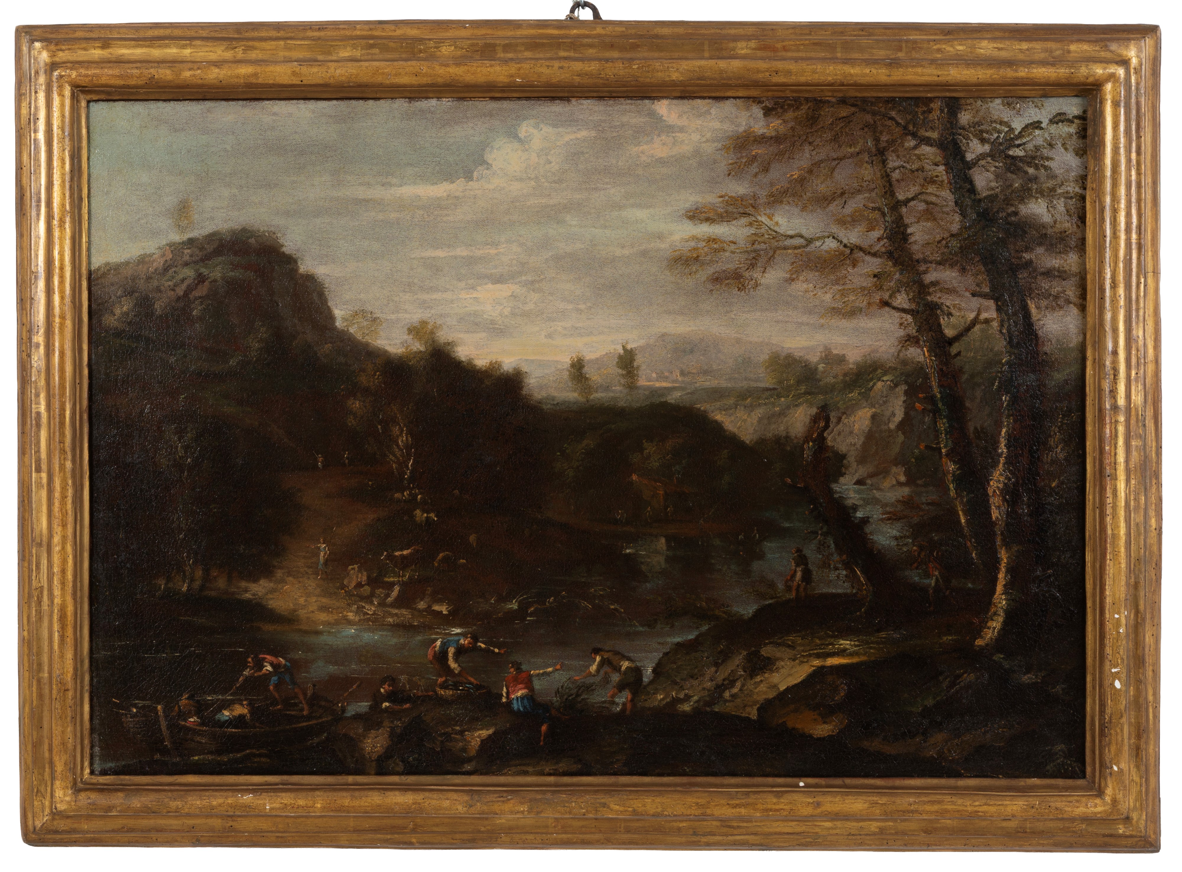 Bartolomeo Pedon - Paesaggi fluviali con pescatori, olio su tela, 63x92 cm ca.