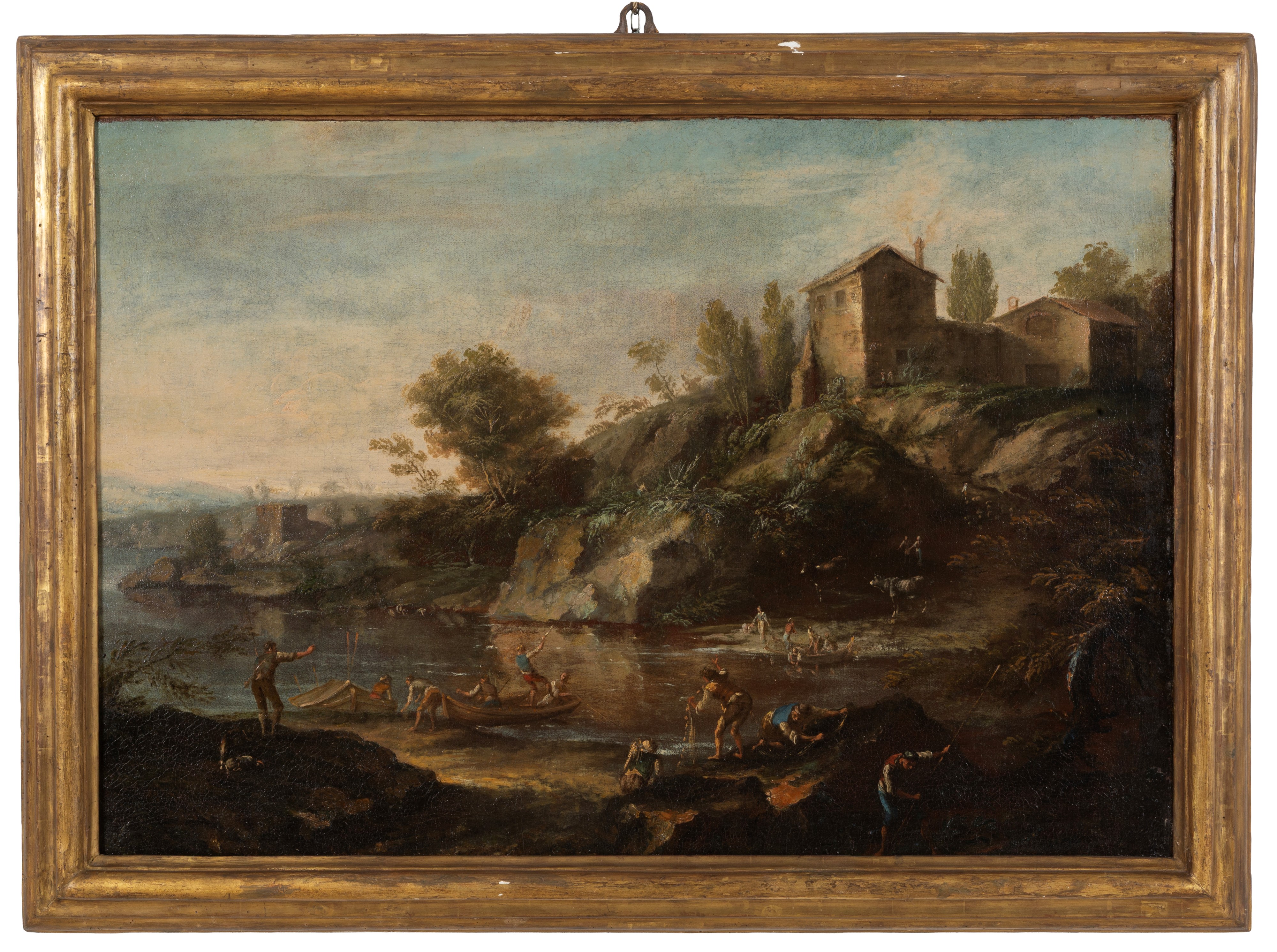 Bartolomeo Pedon - Paesaggi fluviali con pescatori, olio su tela, 63x92 cm ca.