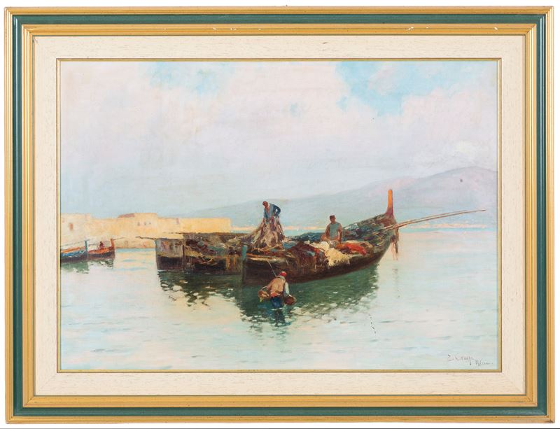 Erminio Kremp - Barche con pescatori, olio su tela